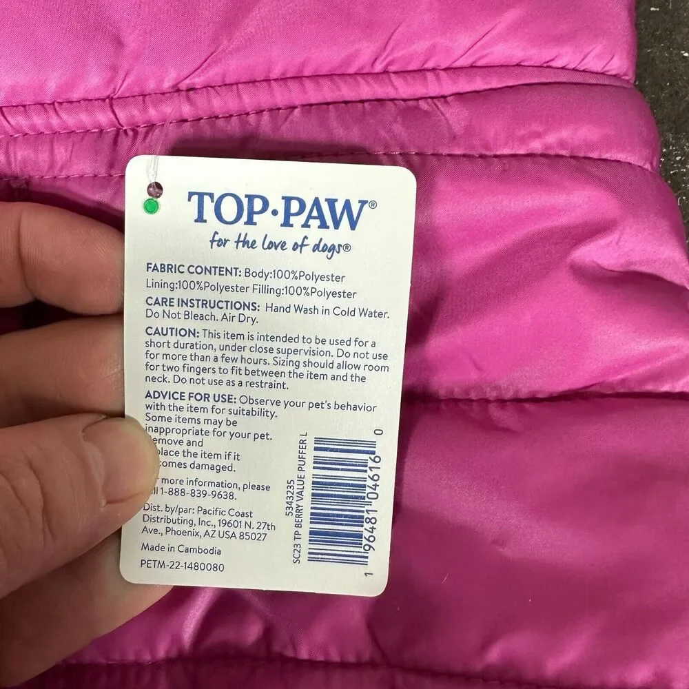 Top-Paw Dog Puffer Jacket Size‎ Large Pink Dot New w/tags